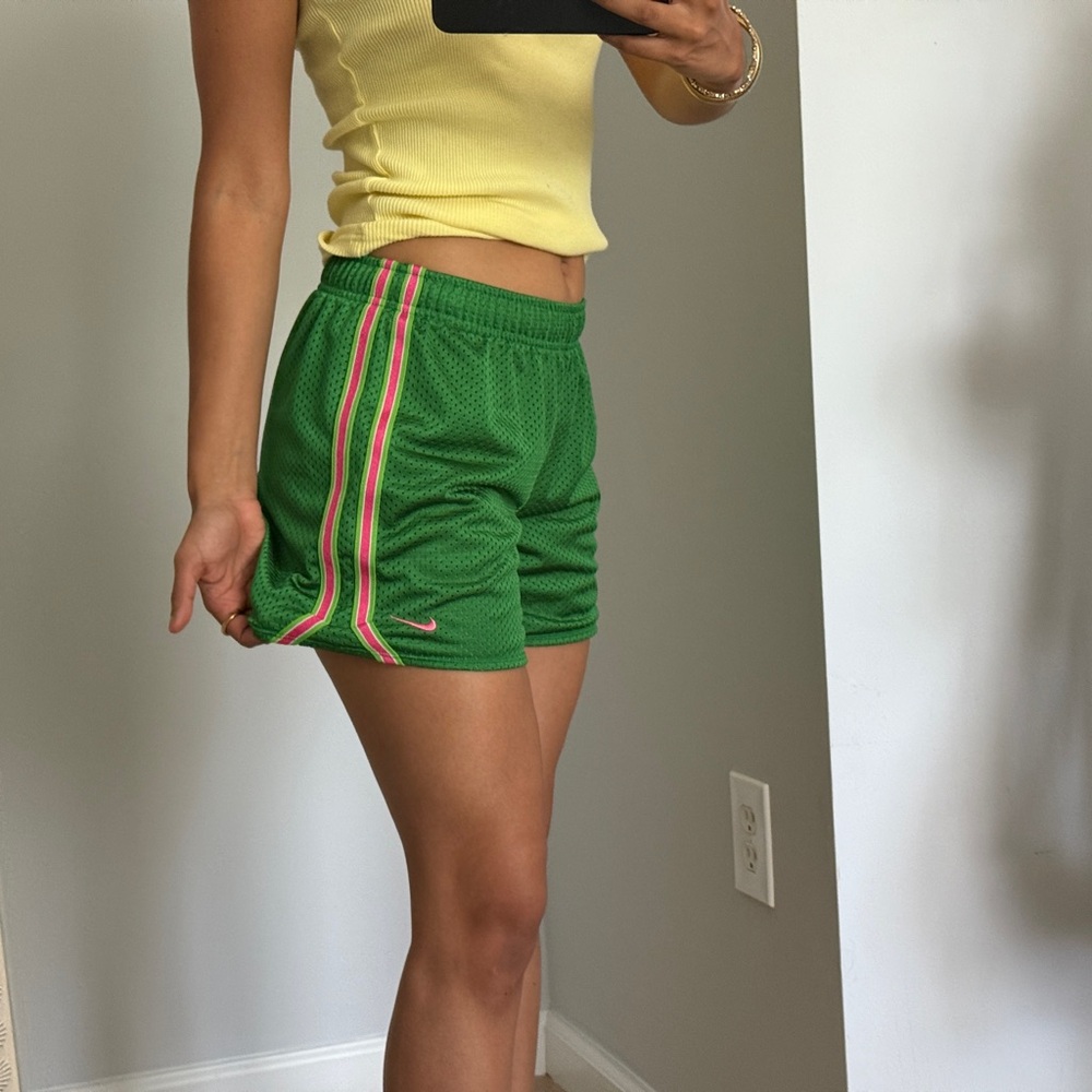 Nike Green Women's Athletic Shorts with Pink Accents
